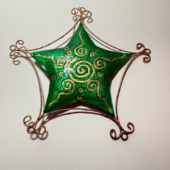 Christmas Decor Capiz Star Ornament 5 Pieces Gold Spirals Swirls Red Green Blue - Picture 2 of 7